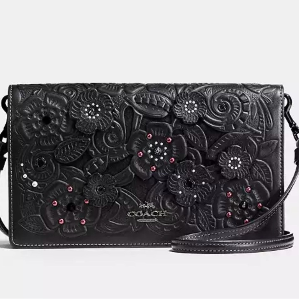 Coach Black Floral holdover crossbody clutch with tea rose and tooling